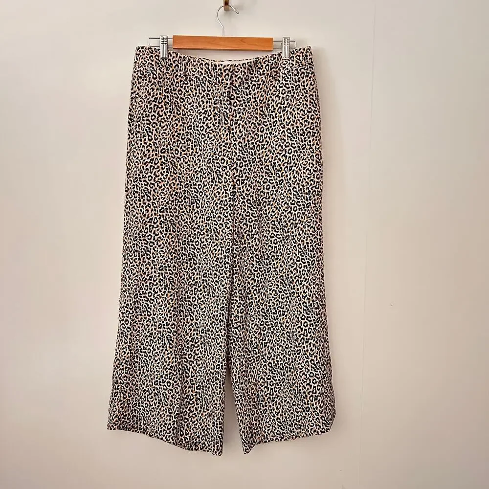 J.Crew Silk Leopard Print Wide Leg Cropped Pants Culottes Women's 12 J5692 EUC